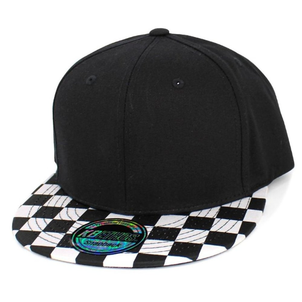 Checkered Brim Snapback Flat Brim Hat Adjustable Adult Unisex Skater Black White